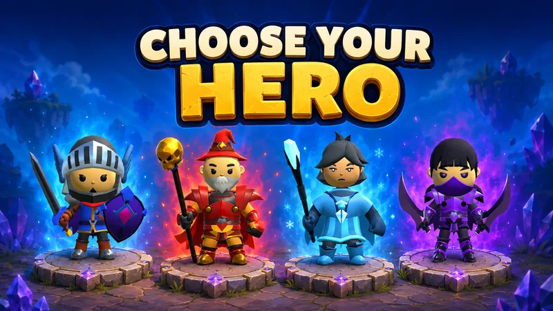 A selection of Hero Clash characters with different weapons and abilities.