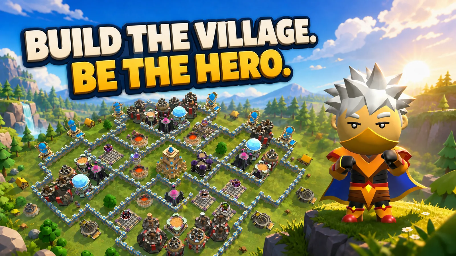 Ryu, the masked white-haired hero, overlooking a fortified village in Hero Clash.