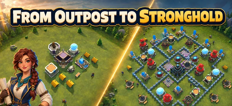 A small starting village next to an expanded, fortified Town Hall village.