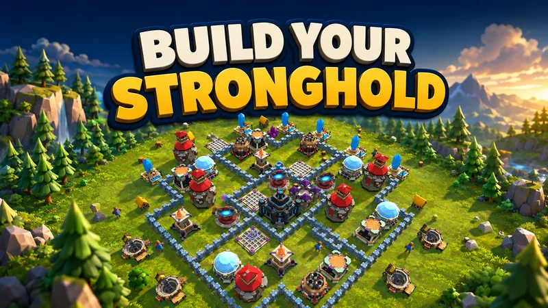A fortified Hero Clash village surrounded by walls, towers and defenses.